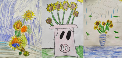 Kunstwerken geïnspireerd op Van Goghs 'Zonnebloemen', gemaakt door kinderen als onderdeel van het Heart for Art-lesprogramma