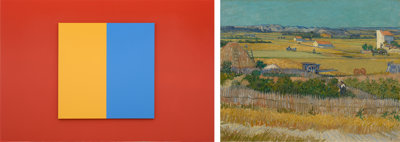 Composite image. Left: Steven Aalders (1959), View, 2019, oil on canvas. Right: Vincent van Gogh (1853 - 1890), The Harvest, 1888.