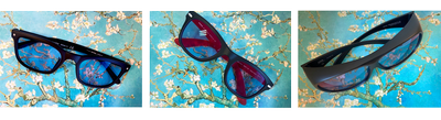 Photo of the three types of EnChroma glasses: the glasses for adults, the glasses for children and the glasses that can be worn on top of regular glasses.