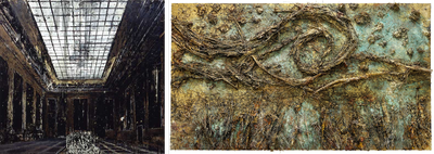 Collage of two artworks by Kiefer. Left: 'Innenraum' (1981) and right 'The starry night' (2019)