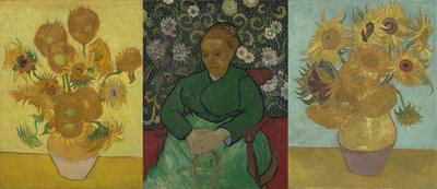 Compilation of triptych as written in a letter by Vincent van Gogh: the painting La Berceuse in the centre and on either side Sunflowers: (1) Vincent van Gogh, Sunflowers, 1889. Van Gogh Museum, Amsterdam. (2) Vincent van Gogh, La Berceuse (portrait of Madame Roulin), 1888-1889. Kröller-Müller Museum, Otterlo. (3) Vincent van Gogh, Sunflowers, 1889. Philadelphia Museum of Art.
