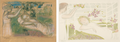 Sketch (left) and final result (right) of Allegory (Allégorie) by Maurice Denis, part of the Amour series. RMN – Grand Palais – Benoit Touchard (left) and Van Gogh Museum, Amsterdam (right).   