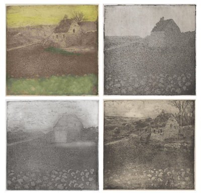 Camille Pissarro, 'Bouwvallig huis (La masure)', 1879. Compilatie van verschillende staten.
