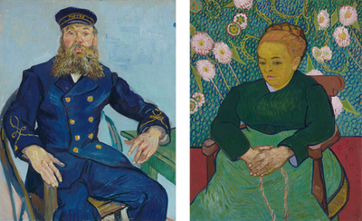 Left: Vincent van Gogh, Postman Joseph Roulin, 1888, Museum of Fine Arts, Boston (Gift of Robert Treat Paine). Right: Vincent van Gogh, Lullaby: Madame Augustine Roulin Rocking a Cradle (La Berceuse), 1889, Museum of Fine Arts, Boston (Bequest of John T. Spaulding 
