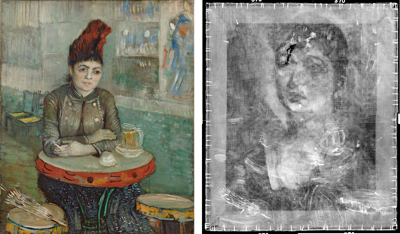 Left: Vincent van Gogh, 'In the Café: Agostina Segatori in Le Tambourin', 1887. Right: X-ray of the painting reveals a portrait hidden under the paint. nting.