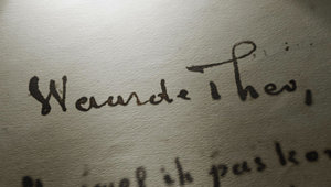 Detail of a letter written by Vincent van Gogh. A spotlight illuminates the words 'Waarde Theo' (My dear Theo)
