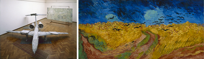 Collage of two artworks by Kiefer and Van Gogh. Left: Kiefer, 'Voyage au bout de la nuit', 1990, and right: Van Gogh, 'Wheatfield with Crows', 1890